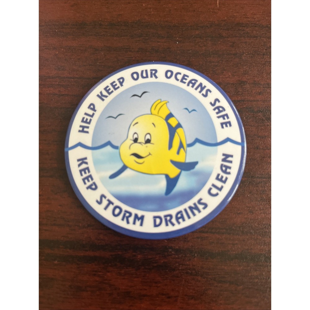 Disney Flounder Keep Oceans Safe And Storm Drains Clear Button Pin‎